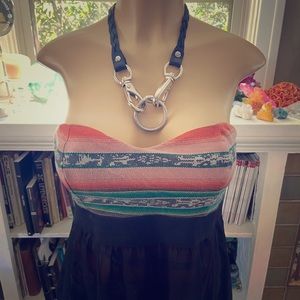 Strapless mini dress with black sheer.